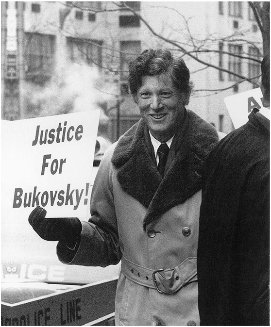 The creator of Helsinki Watch, Bob Bernstein demonstrates on behalf of jailed writer Vladimir Bukovsky, on the sidewalk outside the Soviet Consulate in New York, 1978.