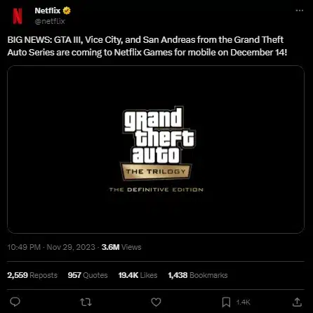 Netflix Subscribers to Enjoy Free GTA Trilogy in December