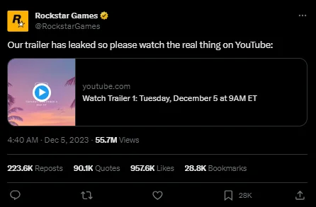 Twitter Post from Rockstar Games goes on X to Update people about Trailer Leak